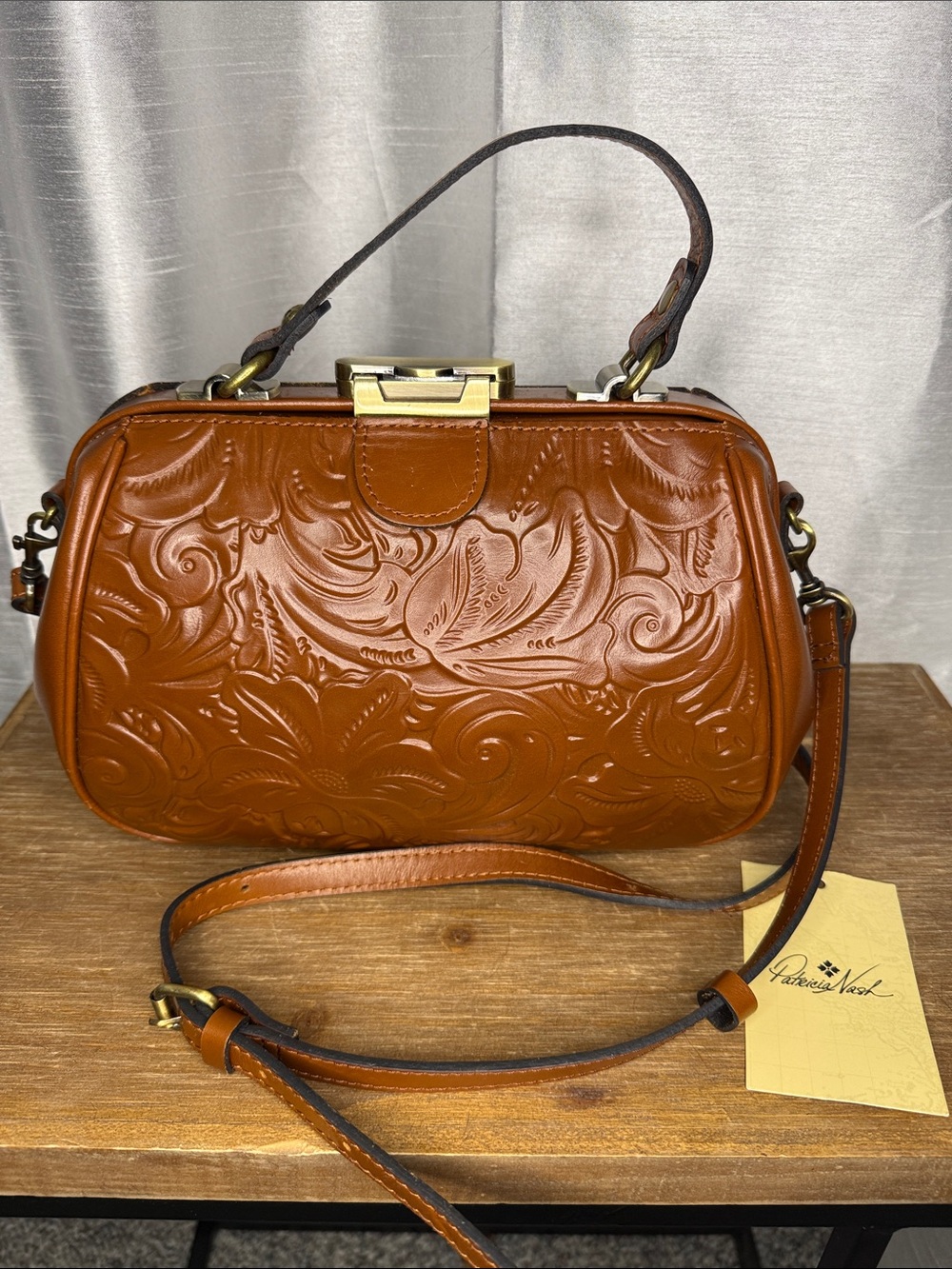 Patricia Nash Tooled Gracchi Florence Frame Satchel Leather Rich Brown Authentic - Picture 1 of 14
